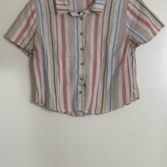 SKY AND SPARROW Stripe Tan Womens Crop Camp Shirt - Medium - Picture 4 of 10